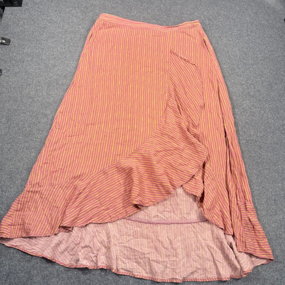 Toad & Co Womens L Striped Organic Cotton High Low Ruffle Wrap Skirt Pink Orange